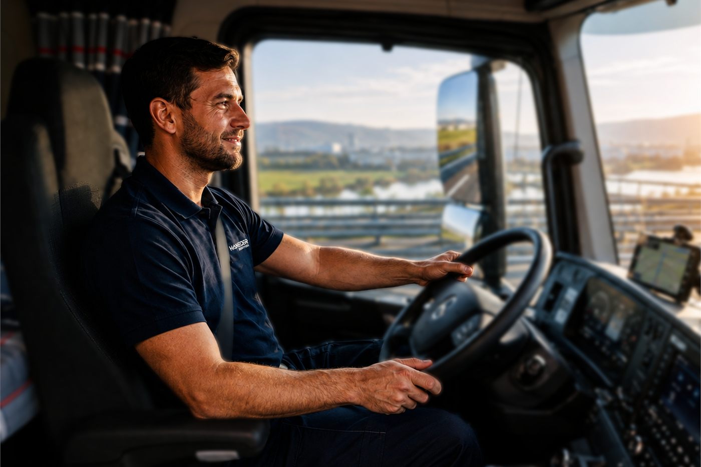Stefan im Führerhaus auf der Autobahn